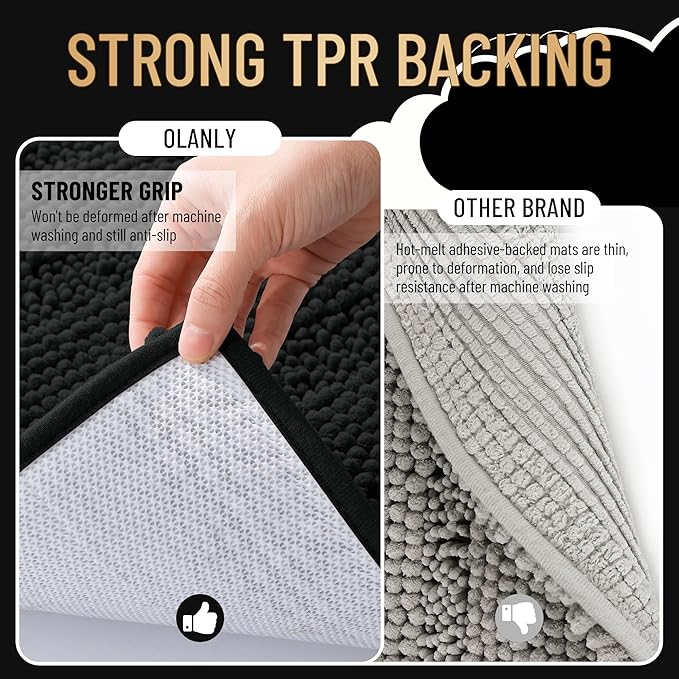 OLANLY Thick Large Bathroom Rugs 40x32, Soft Chenille Bath Rugs, Black | Absorbent Striped, Rubber Backing, Machine Wash Dry, Bath Mats for Bathroom Floor, Tub and Shower, Home Decor Accessories