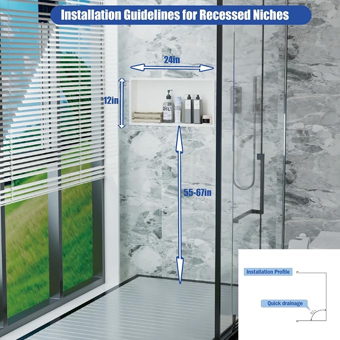 24"x12" Shower Niche Insert Tile Ready ，Stainless Steel Recessed Shower Caddy ，Bathroom remodel，Matte White （ 24 x 12 in）
