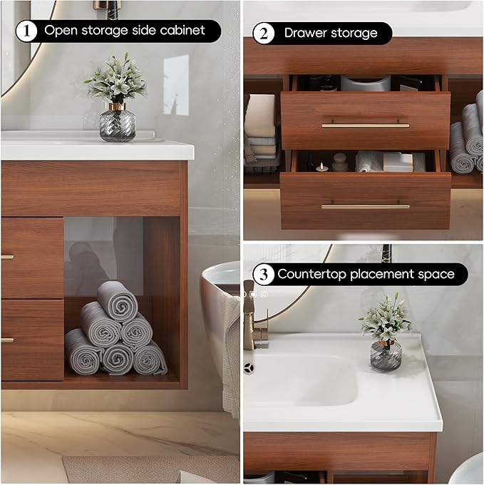 36 inch Modern Floating Bathroom Vanity with Sink, Wall Mounted Solid Wood Bathroom Cabinet with Ceramic Sink, 2 Soft Closing Drawers & Open Storage Shelves, Bronze Metal Handle, Walnut