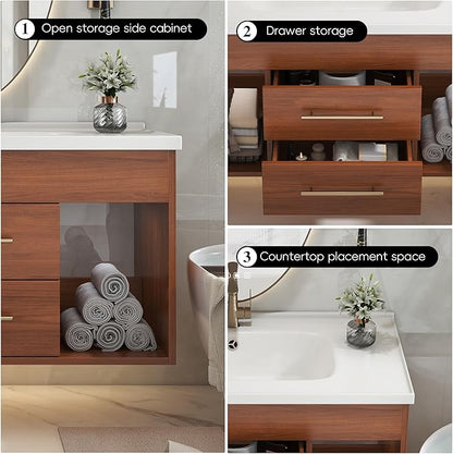 36 inch Modern Floating Bathroom Vanity with Sink, Wall Mounted Solid Wood Bathroom Cabinet with Ceramic Sink, 2 Soft Closing Drawers & Open Storage Shelves, Bronze Metal Handle, Walnut