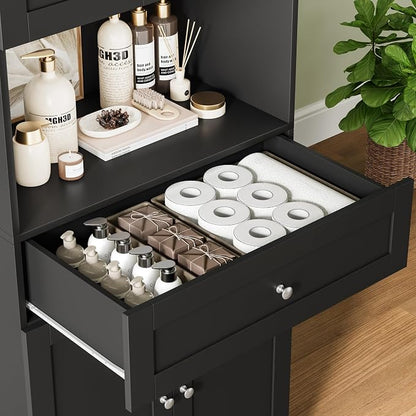 HIFIT Tall Bathroom Storage Cabinet with Drawer, Modern Linen Cabinet,Black | 67"H Tall Storage Cabinet with Doors & Shelves, Freestanding Kitchen Pantry for Bathroom, Dining Room, Laundry, Narrow Corner