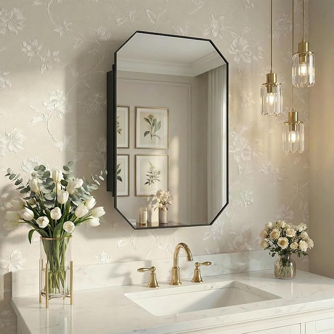 Casaphoria 36" H x 24" W Octagon Bathroom Medicine Cabinet with Mirror, Metal Frame Wall Medicine Cabinets Mirrors, Black K