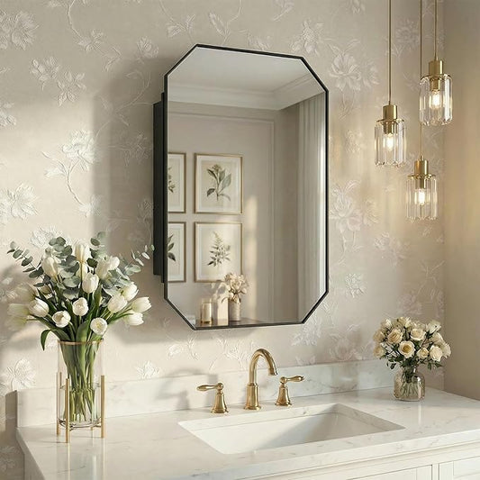 Casaphoria 36" H x 24" W Octagon Bathroom Medicine Cabinet with Mirror, Metal Frame Wall Medicine Cabinets Mirrors, Black K