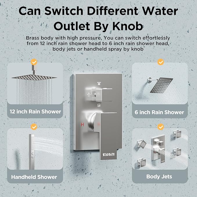 Rainfall Shower System with 4 Body Spray Jets, STARBATH 4 Way 12 + 6"Rainfall Shower Head with Handheld Combo, Shower Jets System High Pressure Shower Faucet Set, Brushed Nickel