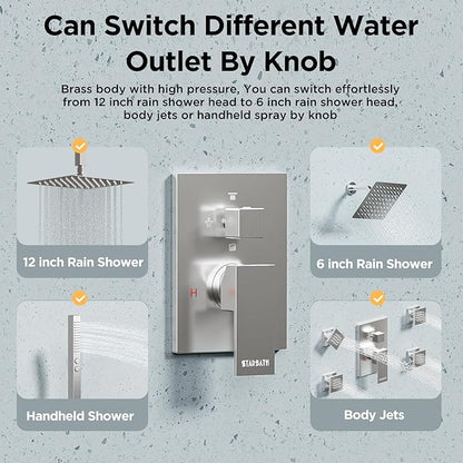 Rainfall Shower System with 4 Body Spray Jets, STARBATH 4 Way 12 + 6"Rainfall Shower Head with Handheld Combo, Shower Jets System High Pressure Shower Faucet Set, Brushed Nickel