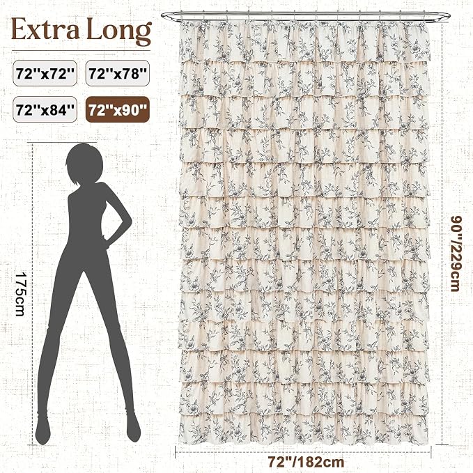 Yinhua Extra Long Farmhouse Ruffle Shower Curtains for Bathroom, 72" Wx90 L | Black Floral Print, Ruflle Design, 12 Metal Hooks, Vintage Rustic Washable Waterproof Shower Curtain for Bathroom Bathtub