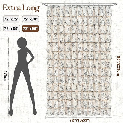 Yinhua Extra Long Farmhouse Ruffle Shower Curtains for Bathroom, 72" Wx90 L | Black Floral Print, Ruflle Design, 12 Metal Hooks, Vintage Rustic Washable Waterproof Shower Curtain for Bathroom Bathtub