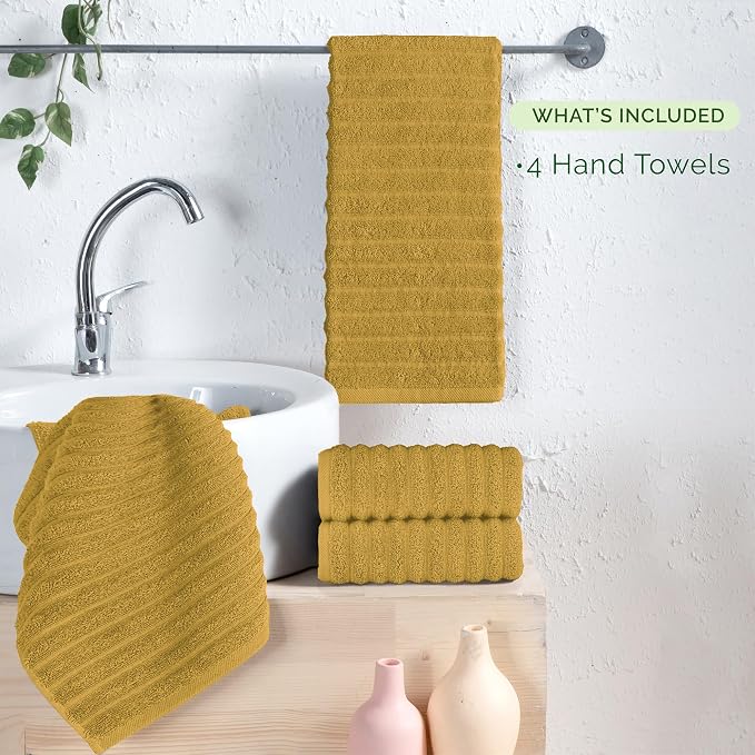 Elegant Comfort Luxury 100% Turkish Cotton Corduroy Ribbed 4 Pack Hand Towel Set 16 x 28 Inch - Absorbent, Super Soft, Quick Dry, Premium Towels for Bathroom, Gym, Spa and Hotel Use, Gold