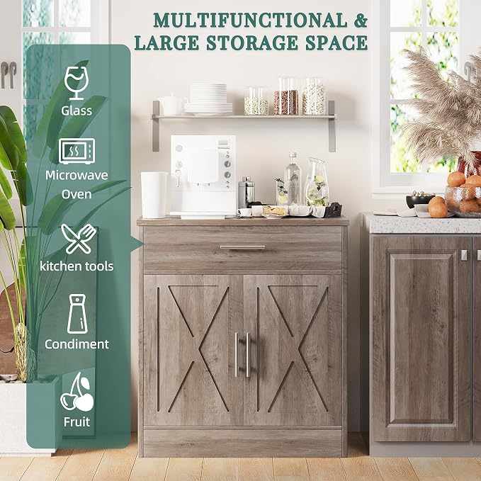 Shintenchi Farmhouse Storage Cabinets with Doors and Shelves,Kitchen Barn Door Storage Cabinet with Drawers,Coffee Bar Cabinet Buffest Sideboard for Dining Room,Living Room,Bathroom,Entryway,Ash Grey