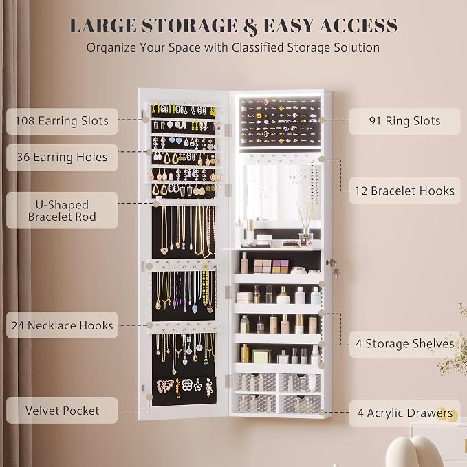 Vlsrka 47.2" LED Jewelry Cabinet, Wall Mounted Jewelry Mirror Organizer | Over the Door Hanging Jewelry Armoire Organizer, large Lockable Full Length Mirror with Jewelry Storage for Women, White