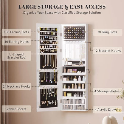 Vlsrka 47.2" LED Jewelry Cabinet, Wall Mounted Jewelry Mirror Organizer | Over the Door Hanging Jewelry Armoire Organizer, large Lockable Full Length Mirror with Jewelry Storage for Women, White