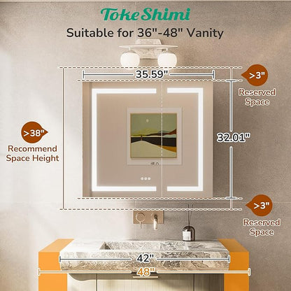 TokeShimi 36x32 Led Recessed Medicine Cabinet with Defogger, Anti-Fog Mirrored Medicine Cabinet with Light and Outlet, Frontlit 3 Colors Dimmable Mirror with Storage for Bathroom Modern