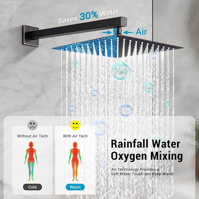 10" Rain Shower Faucet Set with Tub Spout,Oil Rubbed Bronze | Anti-scald cartridge, air tech boosts pressure 50%, 3-func diverter, NPT 1/2