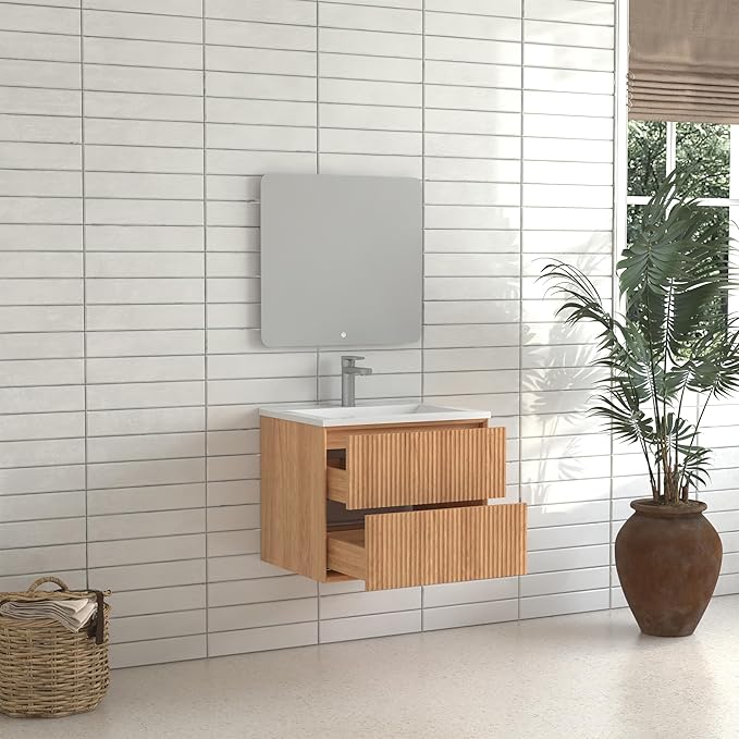 Floating Bathroom Vanity with Sink, Nature Soild Wood Cabinet with Ceramic Basin, Extra Large Storage Drawer & Pre-Assembled Vanities for Bathroom, Powder Room (Nature B Style, 24")