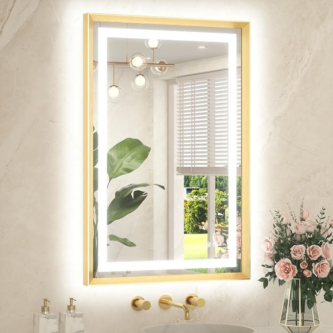24 x 36 Bathroom LED Mirror Brushed Gold Metal Frame Frontlit & Backlit Vanity Mirror Anti-Fog Stepless Dimmable 3 Colors White/Warm/Natural Mirror with Lights Wall-Mounted
