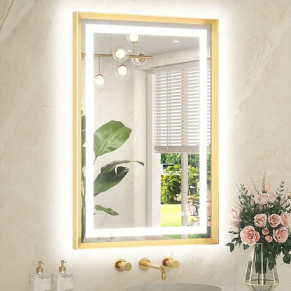 24 x 36 Bathroom LED Mirror Brushed Gold Metal Frame Frontlit & Backlit Vanity Mirror Anti-Fog Stepless Dimmable 3 Colors White/Warm/Natural Mirror with Lights Wall-Mounted