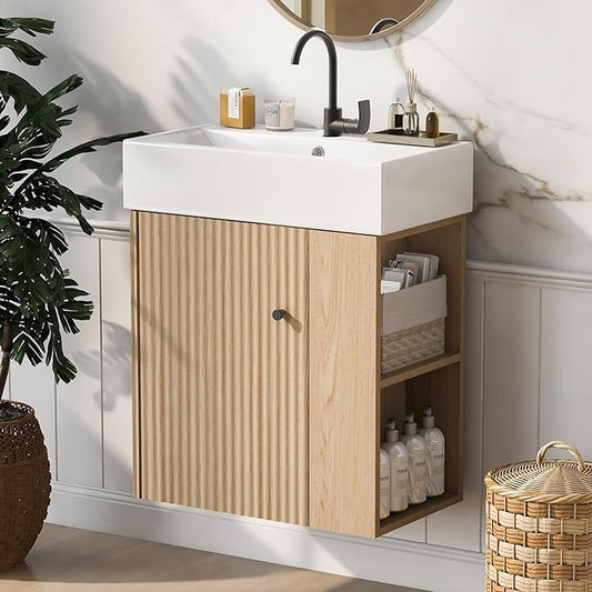 Merax 20 Inch Bathroom Vanity, Floating Sink Vanity Combo, Modern Wall Mount Bathroom Cabinet with Ceramic Integrated Sink for Small Space,Natural