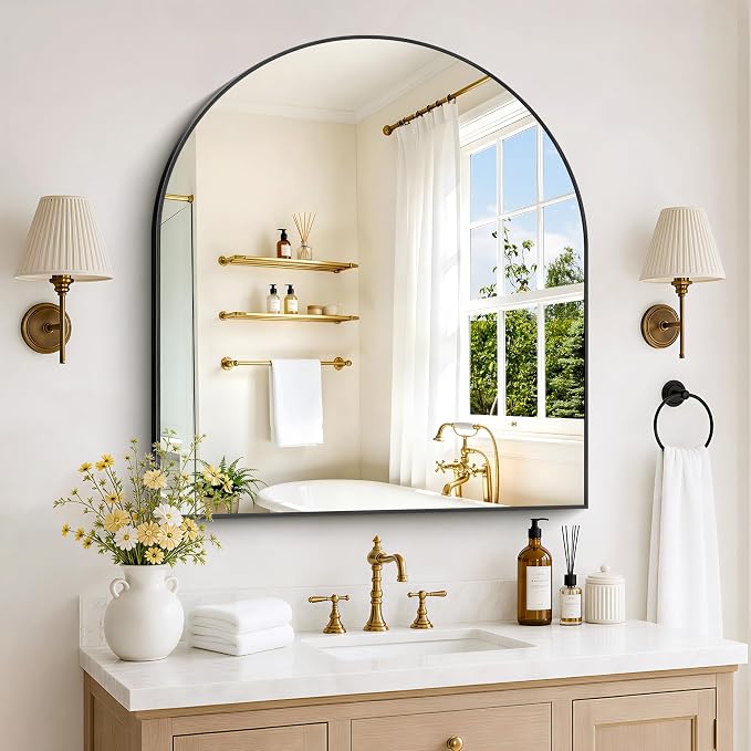 Arched Bathroom Mirror 36x40 Inch, Bathroom Mirror for Over Sink, Wide Wall Vanity Mirror with Aluminum Frame & Tempered Glass, Ideal for Bedroom, Entryway, Living Room, Mantel, Black
