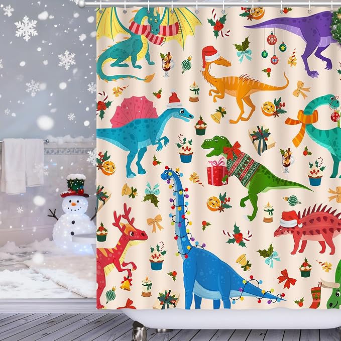 Shower Curtain Christmas, Kids Shower Curtain Santa's Hat Dinosaur Party Gift Box Cake Candy Jingling Bell String Light Xmas Theme Machine Washable Home Farmhouse Waterproof Decor Bathroom Curtain