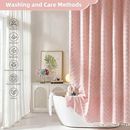 Extra Long Pink Shower Curtain with Tassel, Woven Fabric 90 in, Tufted Chevron Striped, 72 x 90, Modern Chic Textured Minimalist Bathroom
