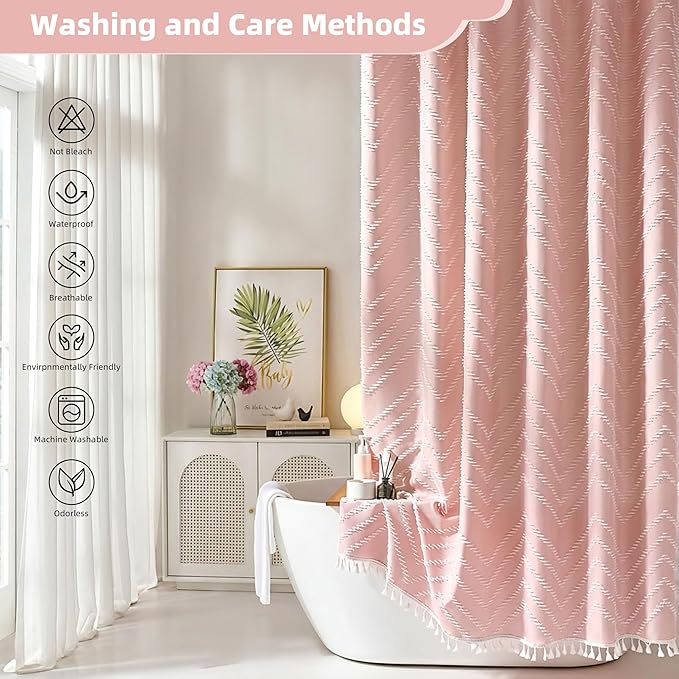Extra Long Pink Boho Shower Curtain with White Tassel, Woven Fabric 96 in Curtain, Tufted Chevron Striped, 72x96, Modern Chic Textured Minimalist Cute for Bathroom