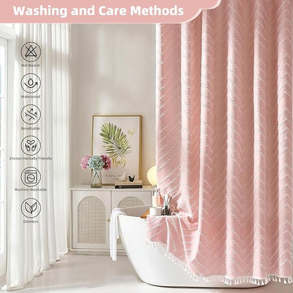Siiluminisoy Extra Long Pink Boho Shower Curtain with White Tassel, Woven Fabric 96 in Curtain, Tufted Chevron Striped, 72x96, Modern Chic Textured Minimalist Cute for Bathroom