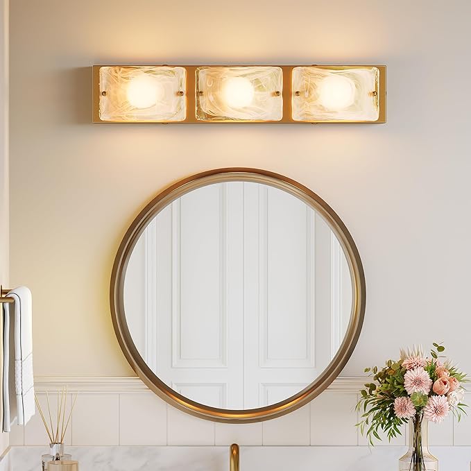 Tribesigns 3-Light Vanity Fixtures, Curved Cloud Glass Lampshades Gold Copper Plate, Modern Bathroom Wall Lighting Fixtures Over Mirror, 3CCT LED Vanity Lights (22-Inch, 3000K/4000K/5000K, Dimmable)