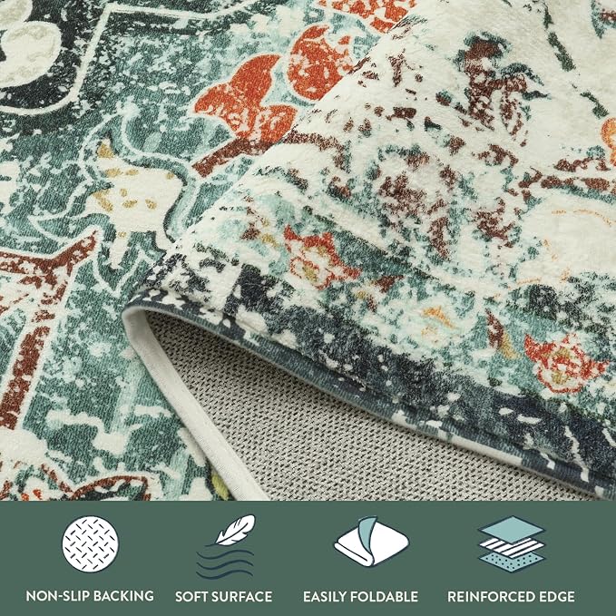 Lahome Bohemian Floral Medallion Round Rug - 4Ft Entryway Round Area Rug Soft Bathroom Circle Mat, Teal Turkish Non Slip Machine Washable Indoor Accent Carpet for Bedroom Kitchen Coffee Table