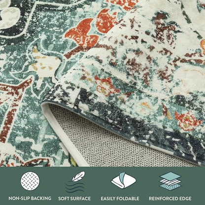 Lahome Bohemian Floral Medallion Round Rug - 4Ft Entryway Round Area Rug Soft Bathroom Circle Mat, Teal Turkish Non Slip Machine Washable Indoor Accent Carpet for Bedroom Kitchen Coffee Table
