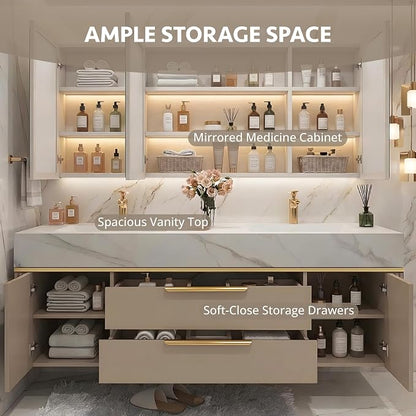 72 Inch Floating Bathroom Vanity with Double Sink, Khaki | Smart LED Defog Medicine Cabinet, Sintered Stone Countertop, Solid Wood, 2 Soft-Close Doors & Drawers, Khaki