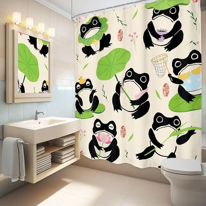 Funny Frog Kids Cartoon Animal Asian Japanese Bathroom Shower Curtain Set | 60Wx71H Traditional Lotus waterproof HD print, quick-dry fabric, and 12 hooks for easy setup