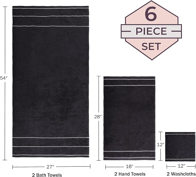 Lavish Home 6 Piece Bathroom Towels Set - 525GSM 100% Cotton Bathroom Essentials - 2 Bath Sheets, 2 Hand Towels, and 2 Wash Cloths for Bath, Shower, Gym, Spa, and Dorm Room (Black)