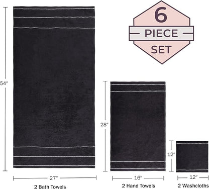 Lavish Home 6 Piece Bathroom Towels Set - 525GSM 100% Cotton Bathroom Essentials - 2 Bath Sheets, 2 Hand Towels, and 2 Wash Cloths for Bath, Shower, Gym, Spa, and Dorm Room (Black)