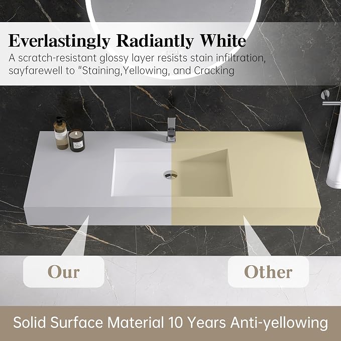 47" Wall Mount Sink, Artificial Stone Bathroom Sink, Single Hole | Matte Bathroom Vanity Vessel Sinks Rectanglee Indoor Modern Floating or Countertop Freestanding Wall Hang Sink Bowl