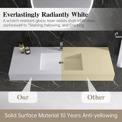 47" Wall Mount Sink, Artificial Stone Bathroom Sink, Single Hole | Matte Bathroom Vanity Vessel Sinks Rectanglee Indoor Modern Floating or Countertop Freestanding Wall Hang Sink Bowl
