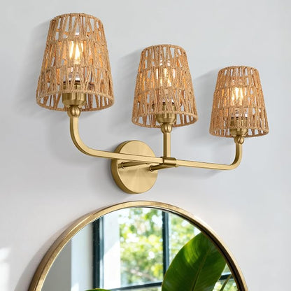 3-Light Brushed Gold Bathroom Vanity Light, Handwoven Rattan Shades | Ideal for 28-38" mirrors, 24.5" bathroom light fixtures over mirror, upward only, E26 base, bulbs not included, VL837-BG-RA-3