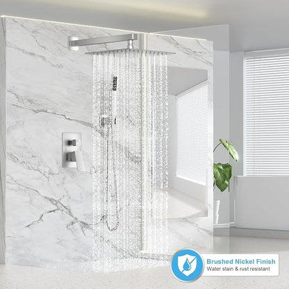 FPXRNG Shower Faucet Set Rainfall Shower System with Square Shower Head and Handle Set Rough-in Valve and Metal Trim Kit Included Brushed Nickel 10 Inch Wall Mounted Shower Fixtures