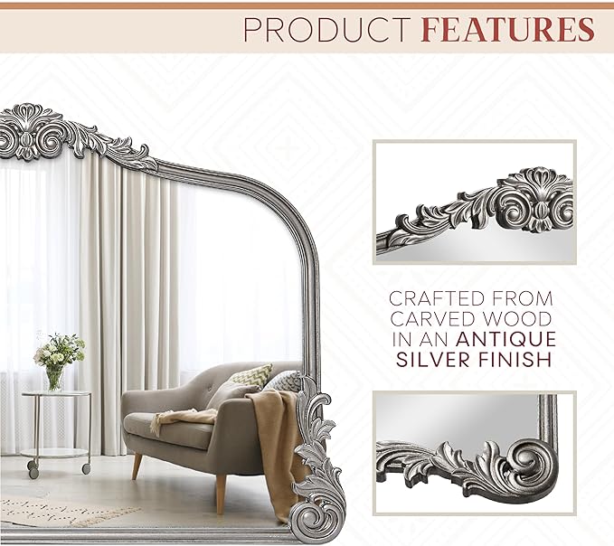 English Estate Carved Arch Wood Wall Mirror, Mirror for Entryway, Living Room, Bathroom, Antique Silver, 26x37