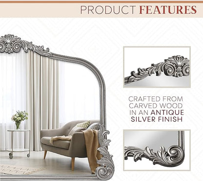 English Estate Carved Arch Wood Wall Mirror, Mirror for Entryway, Living Room, Bathroom, Antique Silver, 26x37