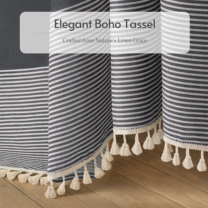 Dark Grey Boho Linen Striped Shower Curtain with Tassel 72"W X 72"L | Boho Farmhouse Shower Curtains with Linen Texture for Bathroom Decor
