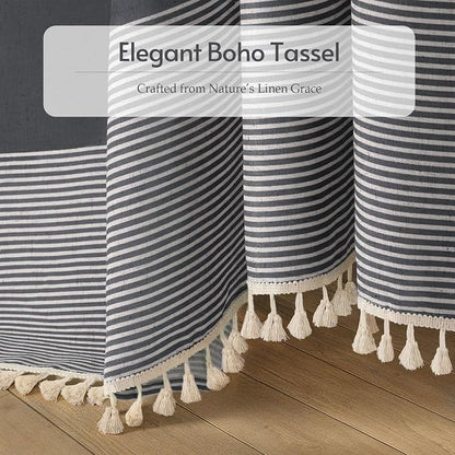 Dark Grey Boho Linen Striped Shower Curtain with Tassel 72"W X 72"L | Boho Farmhouse Shower Curtains with Linen Texture for Bathroom Decor