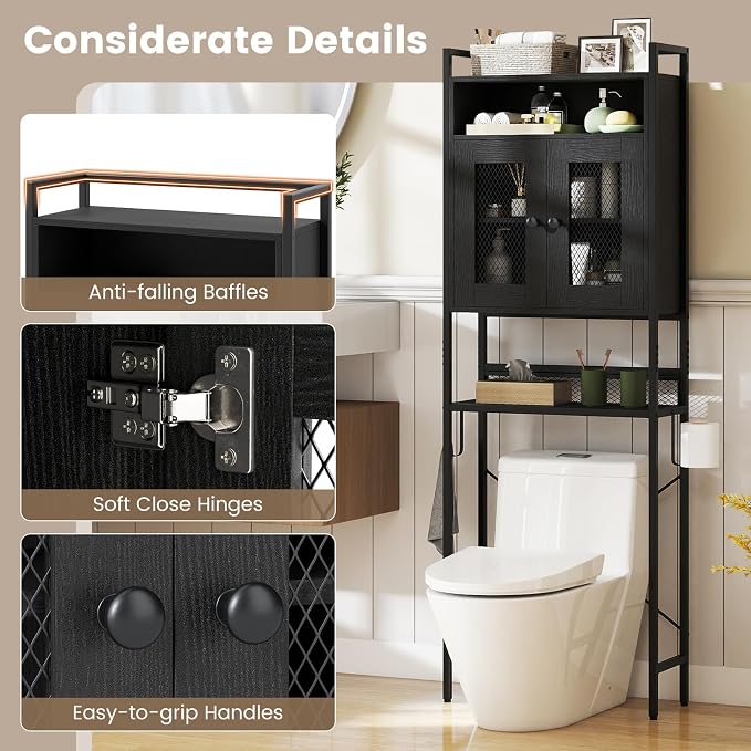 BECOMFORT 5-Tier Over the Toilet Storage Cabinet, Above Toilet Bathroom Shelf with Metal Stand, Mesh Grid Doors, Toilet Paper Holder & Hook, Freestanding Space Saver (Black)