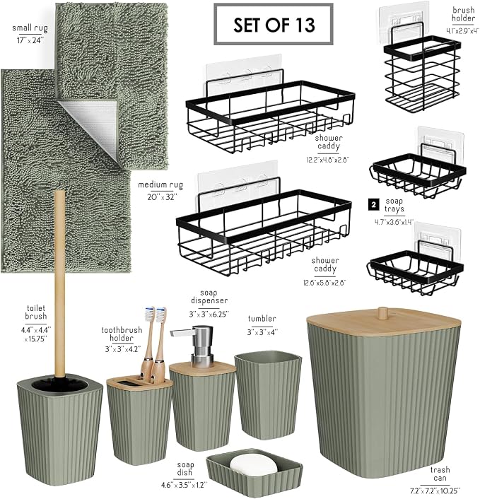 Clara Clark Bathroom Set - Sage Green Bathroom Accessories Set, 6PC Bathroom Accessory Set, Bathroom Sets with Bathroom Rugs, Adhesive Corner Shower Caddy Hanging, Toilet Brush & Trash Can