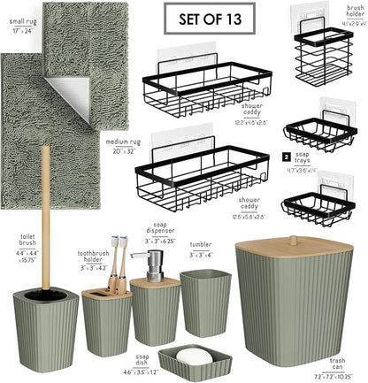 Clara Clark Bathroom Set - Sage Green Bathroom Accessories Set, 6PC Bathroom Accessory Set, Bathroom Sets with Bathroom Rugs, Adhesive Corner Shower Caddy Hanging, Toilet Brush & Trash Can