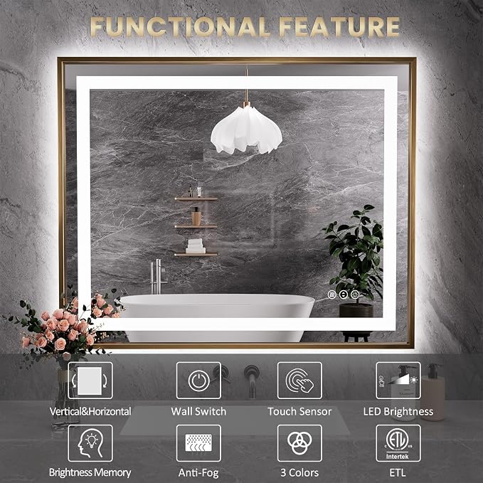 36"X30" LED Bathroom Mirror with Front Lit and Backlit(Brushed Gold) | Metal Framed Mirror, Stepless Dimmable, Anti-Fog, HD Reflection, Shatter-Proof, Memory, 3 Colors, Double LED Vanity Mirror.