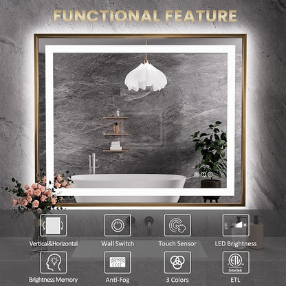 36"X30" LED Bathroom Mirror with Front Lit and Backlit(Brushed Gold) | Metal Framed Mirror, Stepless Dimmable, Anti-Fog, HD Reflection, Shatter-Proof, Memory, 3 Colors, Double LED Vanity Mirror.
