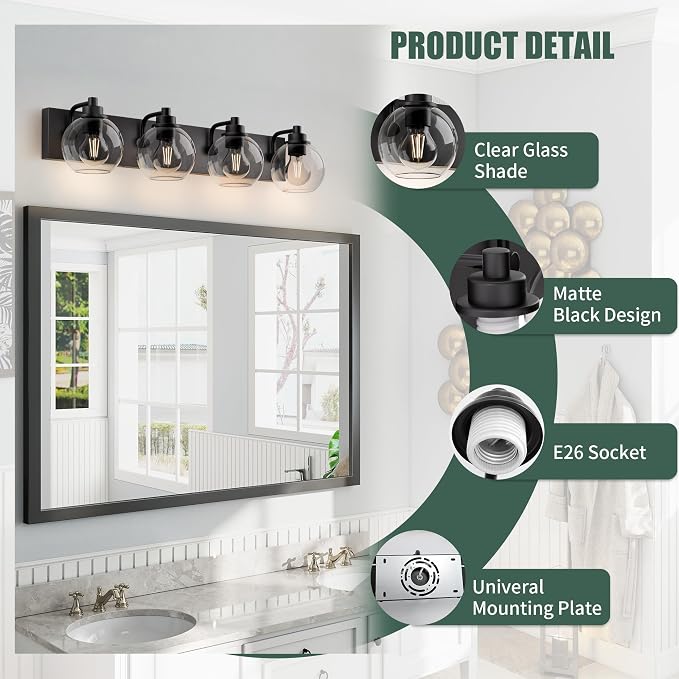 Bathroom Light Fixtures-Matte Black Vanity Lights for Bathroom, Modern Black Vanity Lights 4-Light Bathrooms Lighting Fixtures Over Mirror with Clear Glass Shade