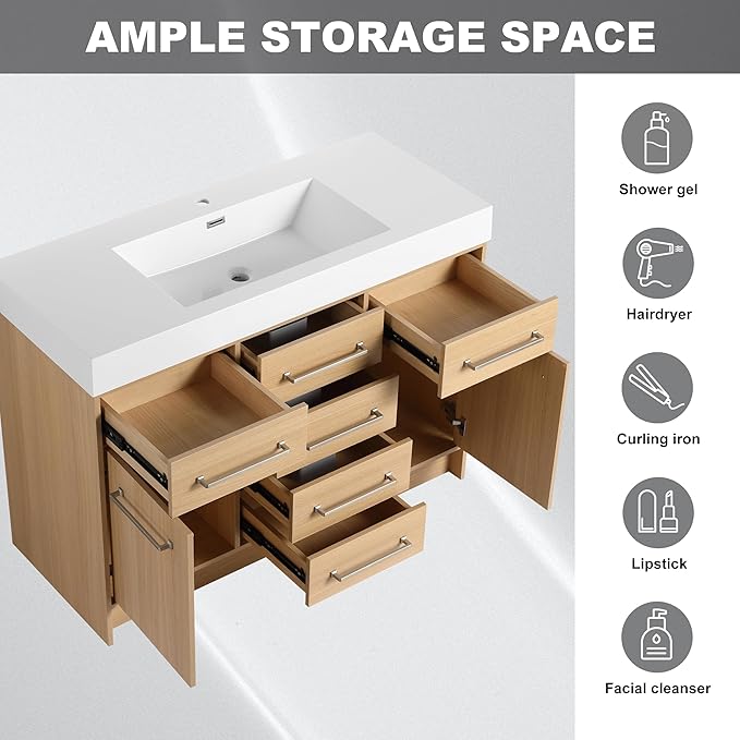 48" Bathroom Vanity with Sink - Freestanding Bathroom Sink Cabinet, 2 Soft Closing Doors & 6 Drawers, Original Oak Plywood (KD-Packing)