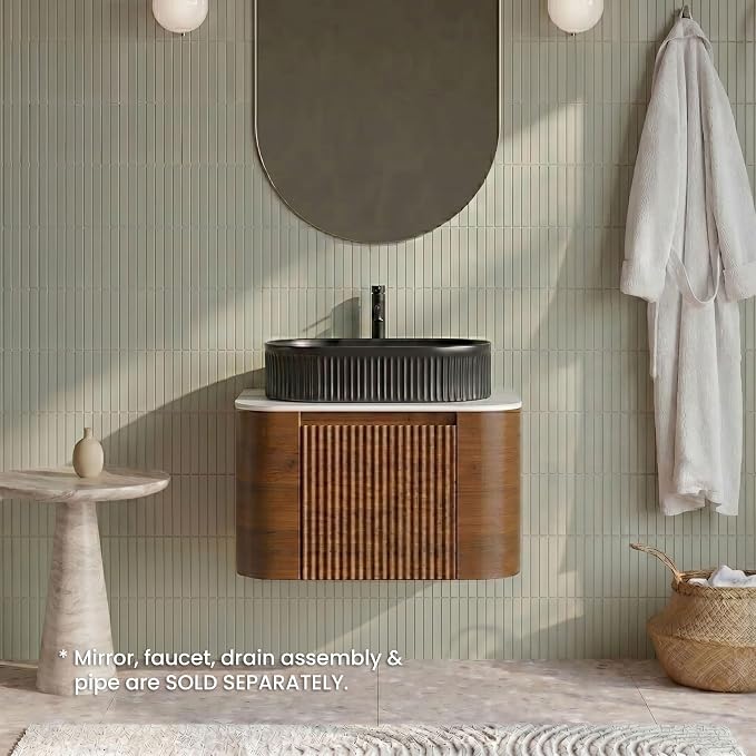 24" Preassembled Floating Bathroom Vanity with Black Sink, Walnut | Mid-Century Modern Style, Fluted & Soft-Close Drawer with U-shaped Wall, Sinterted Stone Countertop, Towel Rack Included