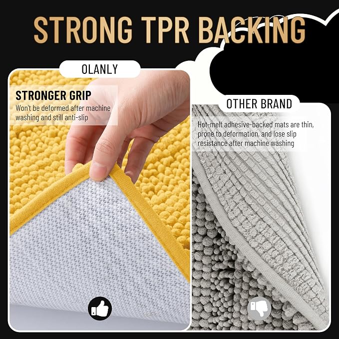 OLANLY Thick Bathroom Rugs 36x24, Soft Chenille Striped Bath Rugs, Yellow | Rubber Backing, Machine Wash, Extra Absorbent Bath Mats for Bathroom Floor, Tub and Shower, Home Decor Accessories